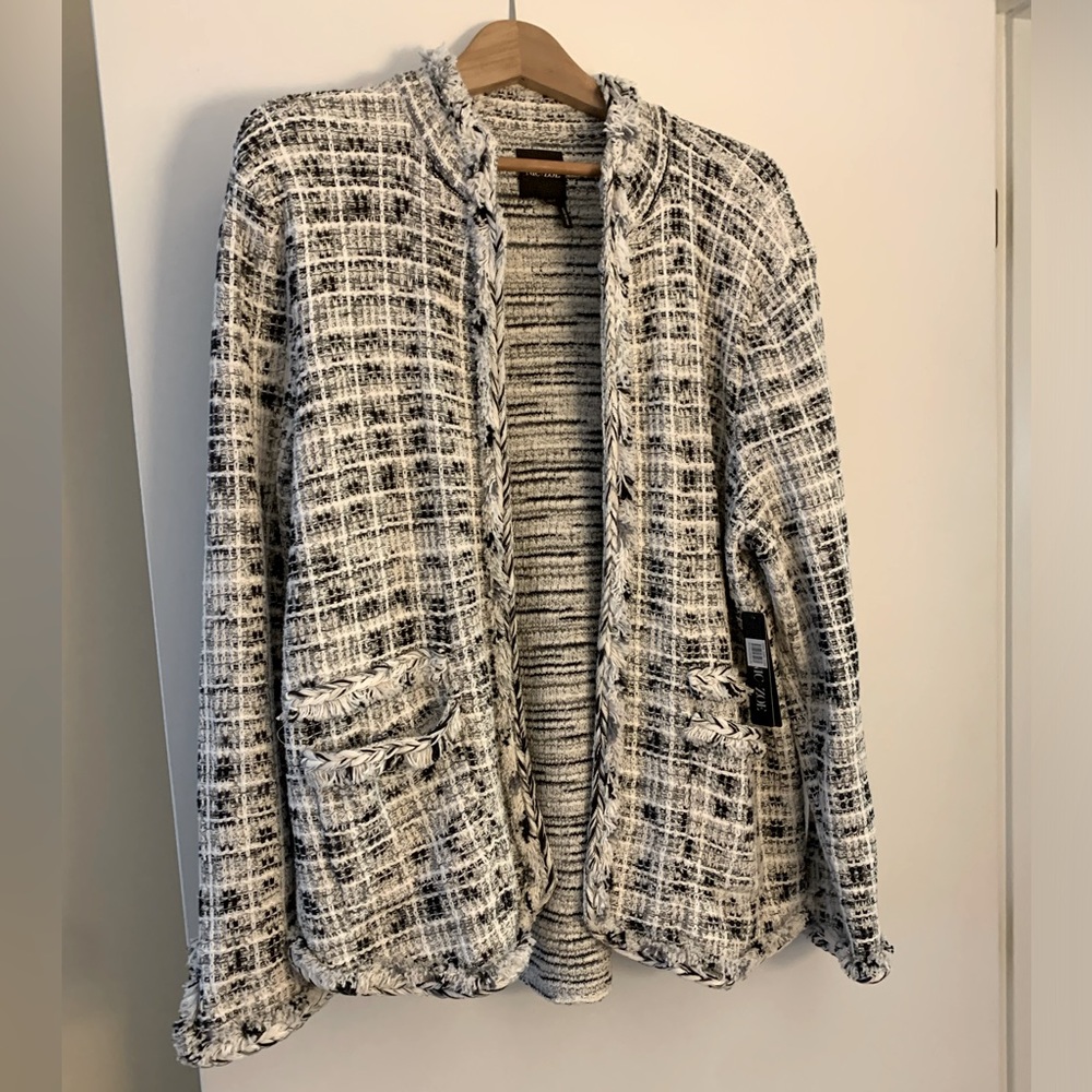 XL Nic and Zoe swater- jacket in a melange of blacks, grays, and whites.